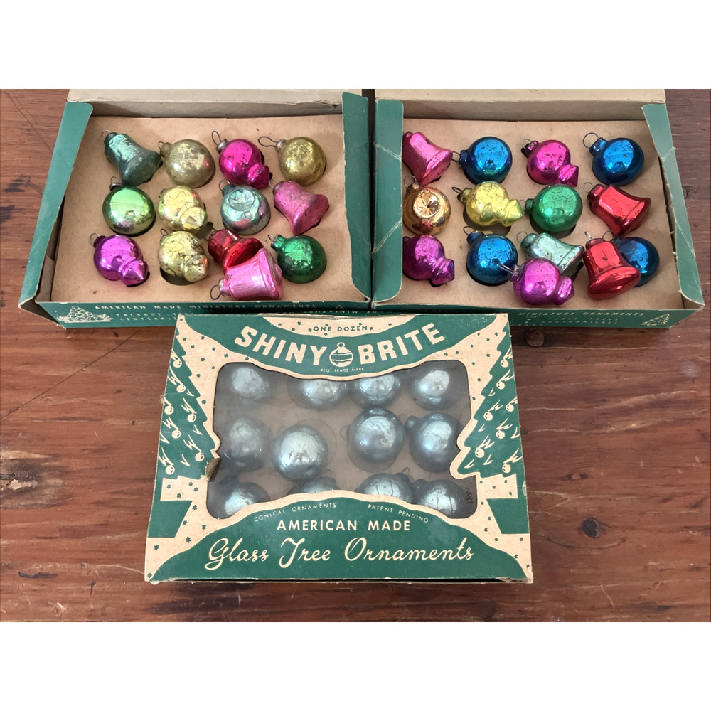 Set Lot 39 Vtg Shiny Brite Mini Mercury Glass Christmas Tree Ornaments Baubles